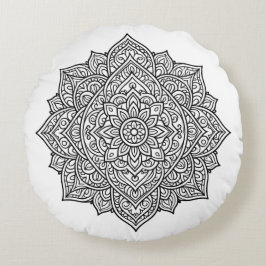 Almofada Redonda Arte de Mandala de Linha Preta Intrincada