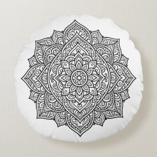 Almofada Redonda Arte de Mandala de Linha Preta Intrincada
