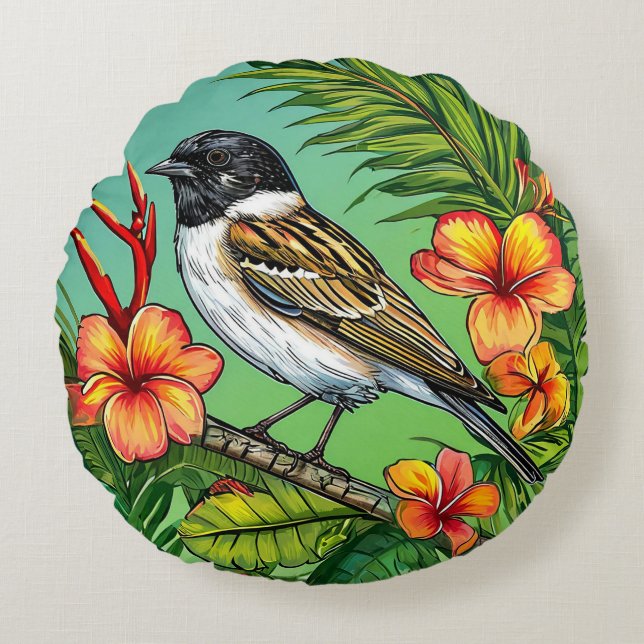 Almofada Redonda Arte de Pássaro Tropical Exótico com Flores Paradi (Frente)