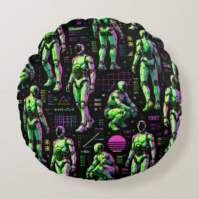 Almofada Redonda Arte de Robô Humanoide Futurista | Android de Ficç (Frente)