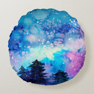 Almofada Redonda Arte espacial em aquarela com céu noturno e árvore