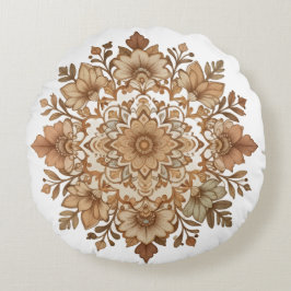 Almofada Redonda Arte Floral Mandala Intrincada em Tons Marrons