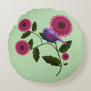 Almofada Redonda Arte Floral Vibrante de Primavera com Pássaro Roxo