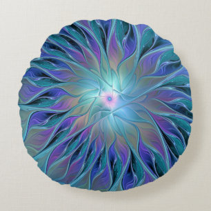 Almofada Redonda Arte Fractal Abstrato de Sonho Roxo Azul
