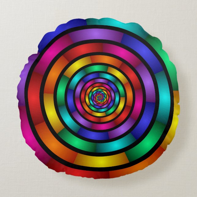 Almofada Redonda Arte Fractal Arredondada e Psicodélica Colorida Mo (Frente)