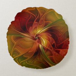 Almofada Redonda Arte Fractal Floral Abstrata Laranja Vermelho Marr