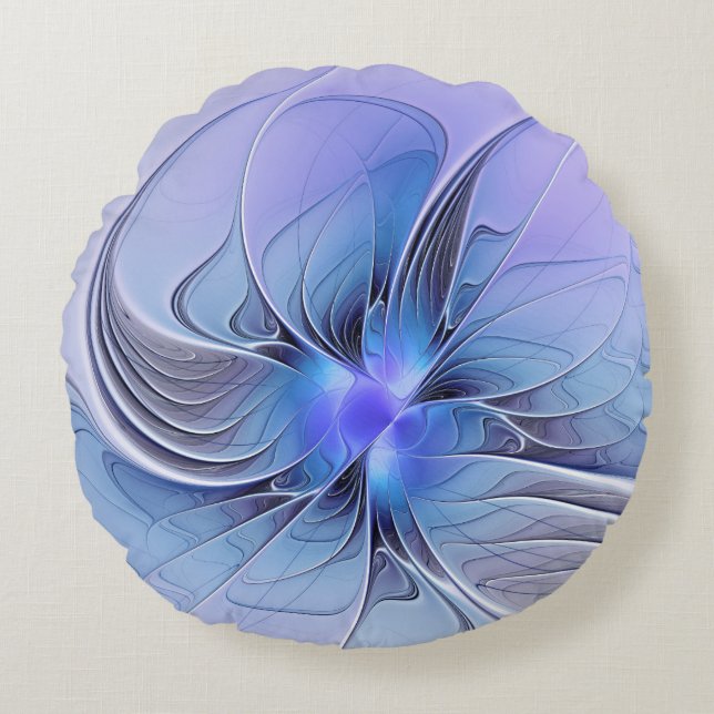 Almofada Redonda Arte fractal moderno abstrato azul lavanda (Frente)