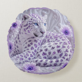 Almofada Redonda Arte Majestosa de Leopardo Revestido de Joias Roxa