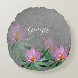 Almofada Redonda Arte Monogramada Aquarela Flores Florem Violeta