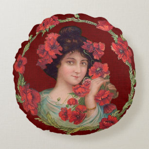 Almofada Redonda Arte Nouveau das flores das papoilas da menina de