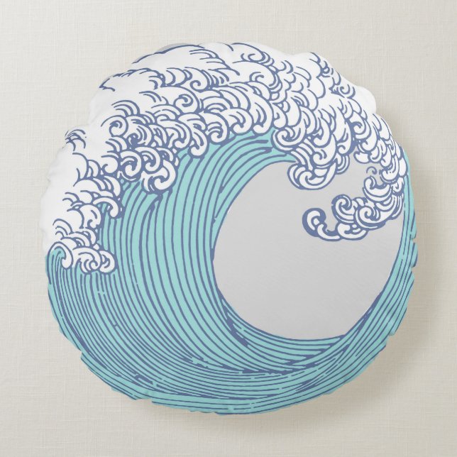 Almofada Redonda Arte Oceânica Onda Surf Japonês (Frente)