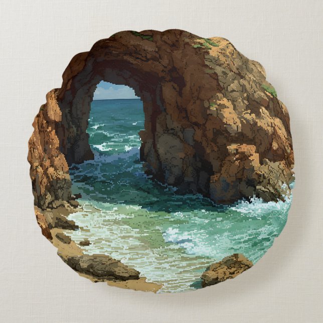 Almofada Redonda Arte pixel caverna oceânica (Frente)