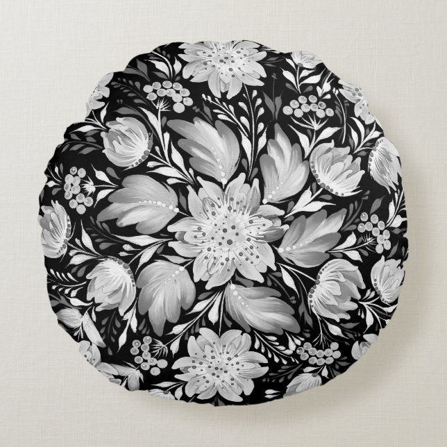 Almofada Redonda Arte Popular Monocromática em Preto e Branco (Frente)