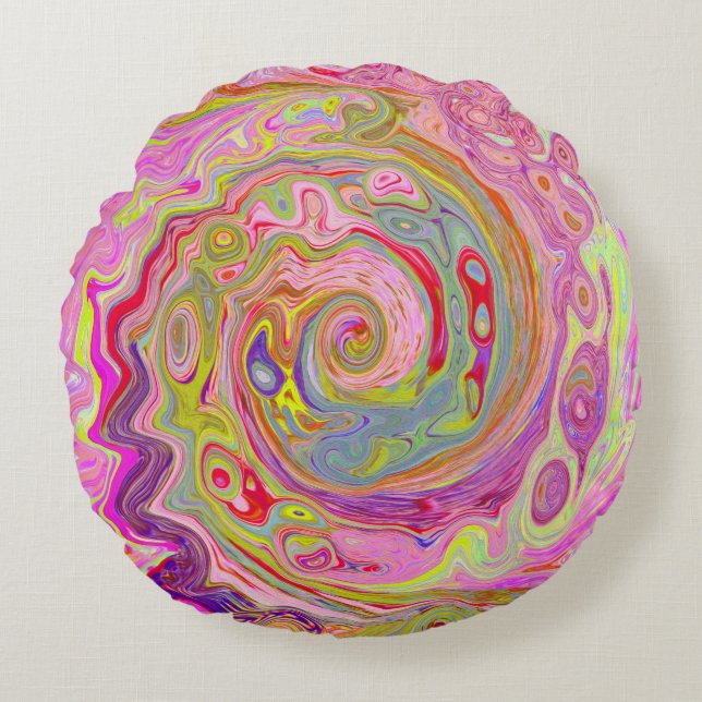 Almofada Redonda Arte retrógrada, amarela e Abstrato magenta (Frente)