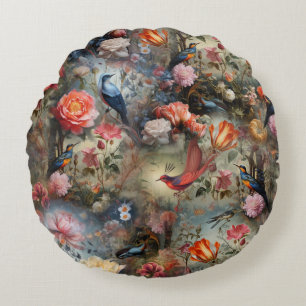 Almofada Redonda Arte Surrealista com Flores e Aves