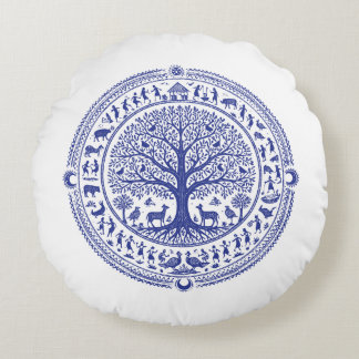 Almofada Redonda Arte Warli Ilustração Tribal Indiana | Minimalista