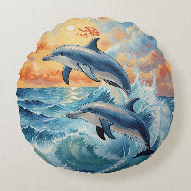 Almofada Redonda Artístico Dois Golfinhos Saltantes Oceano Sunset (Frente)