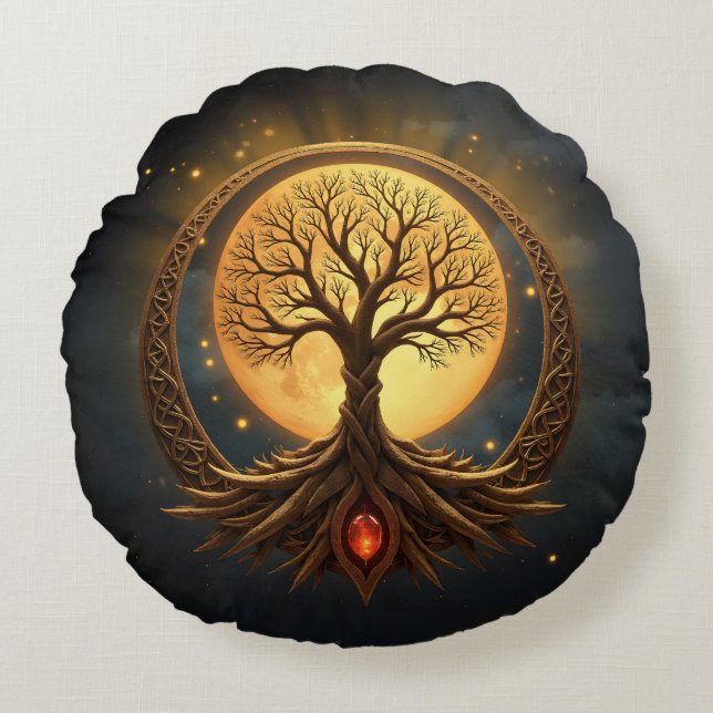 Almofada Redonda Árvore da Vida – Iluminação ao Luar (Frente)