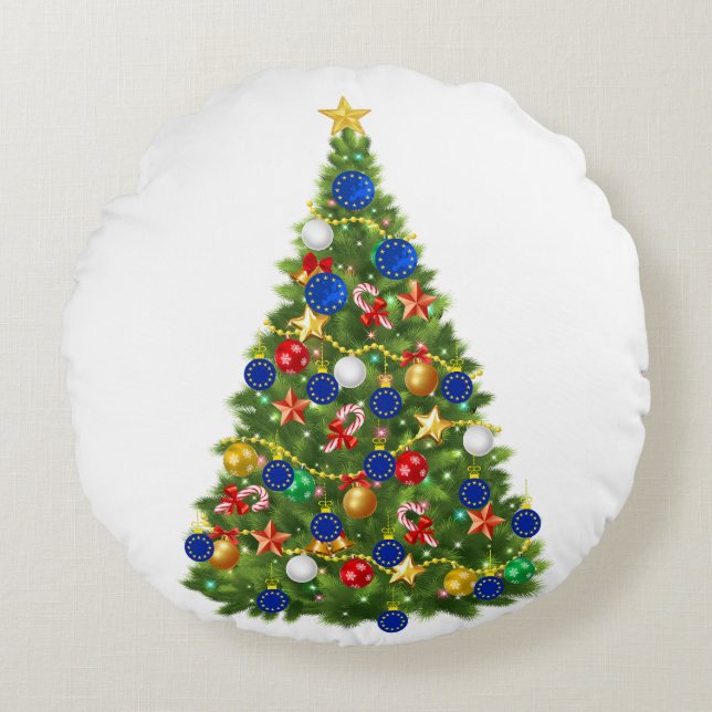 Almofada Redonda Árvore de Natal - Bandeira da União Europeia | Eur (Frente)