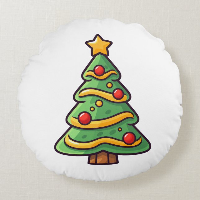 Almofada Redonda Árvore de Natal Bonita com Ornamentos (Frente)