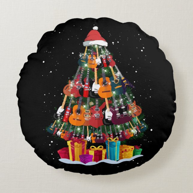 Almofada Redonda Árvore de Natal de Guitarra Engraçada (Frente)