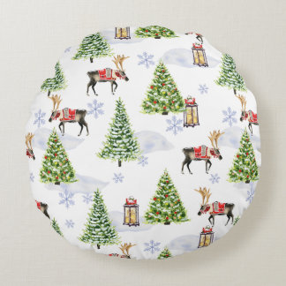 Almofada Redonda Árvore de Natal de Rena Boho em aquarela simples