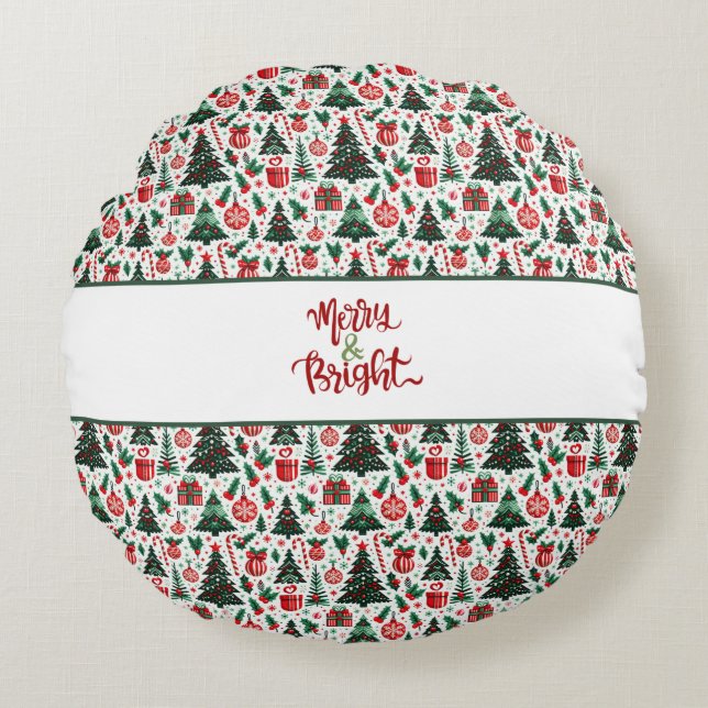 Almofada Redonda Árvore de Natal, presentes, cana doce (Frente)