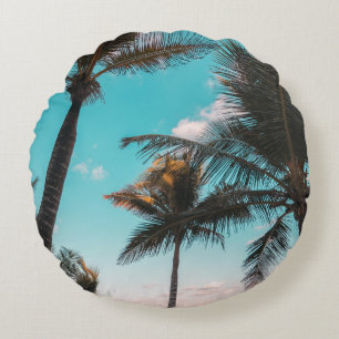 ALMOFADA REDONDA ÁRVORE DE PALMAS TROPICAIS RETRO PELA PRAIA