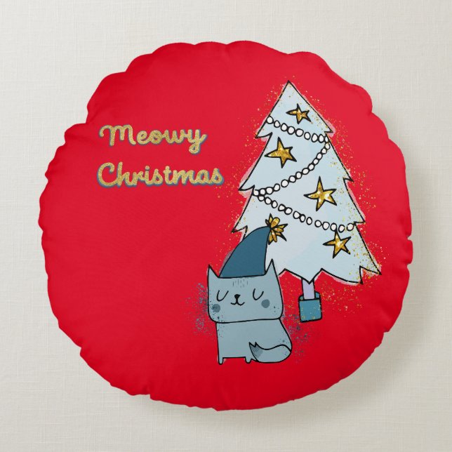 Almofada Redonda Árvore e Gato de Natal (Frente)