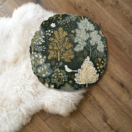 Almofada Redonda Árvores de Natal Boho Vintage Branco Verde Dourado