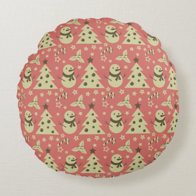 Almofada Redonda Árvores de Natal retrô azevinho estrela de cana de (Frente)