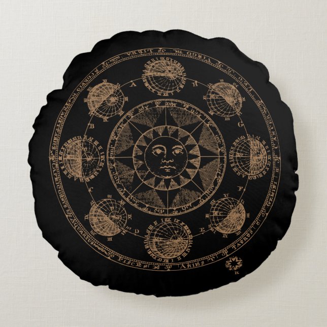Almofada Redonda Astrologia Vintage Roda Zodiac (Frente)