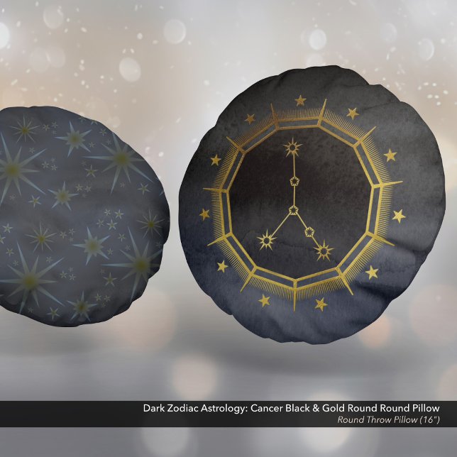 Almofada Redonda Astrologia Zodiaca Escura: Cancer Preto e Dourado  (Dark Zodiac Astrology: Cancer Black & Gold Round Round Pillow - Size 16")