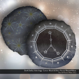 Almofada Redonda Astrologia Zodiaca Escura: Cancer Preto e Prata Re