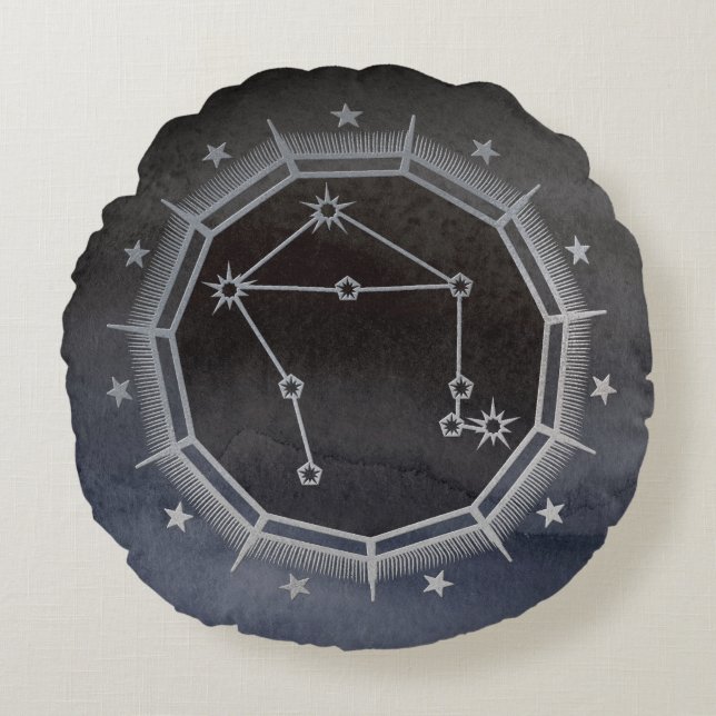 Almofada Redonda Astrologia Zodíaca Escura: Preto Libra e Prata (Frente)