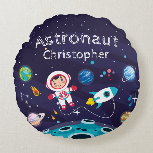Almofada Redonda Astronaut child on the moon, monogrammed name (Frente)