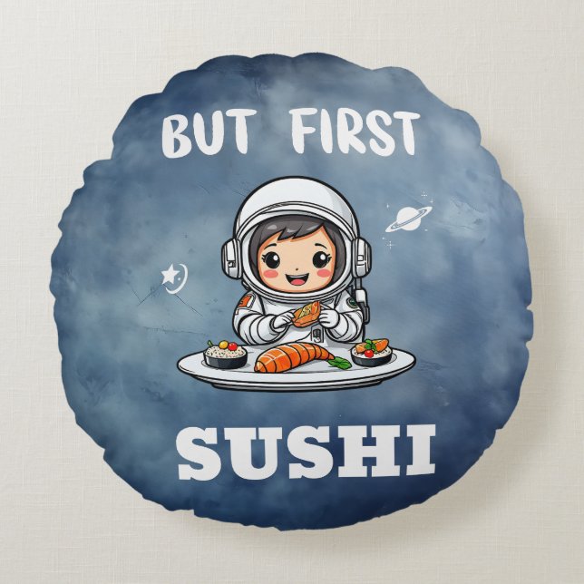 Almofada Redonda Astronauta comendo Sushi (Frente)