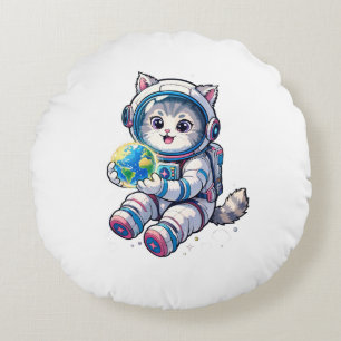Almofada Redonda Astronauta Gato Fofo Segurando Desenho do Planeta 