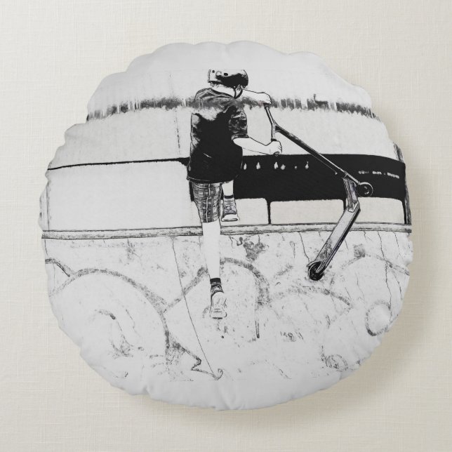 Almofada Redonda Aterrissando - Travesseiro redondo Patinete Stunt (Frente)