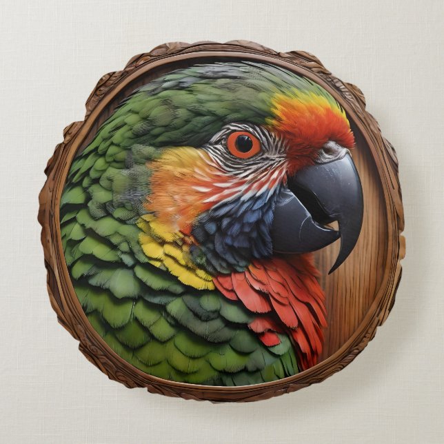 Almofada Redonda Aussie Spirit: Um Lorikeet Empoleirado Em Madeira  (Frente)