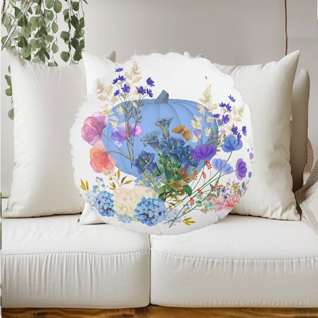 Almofada Redonda Autumn Fall Pumpkin Pastel Blue Botanical Floral (Autumn Fall Pumpkin Pastel Blue Botanical Floral Round Pillow)