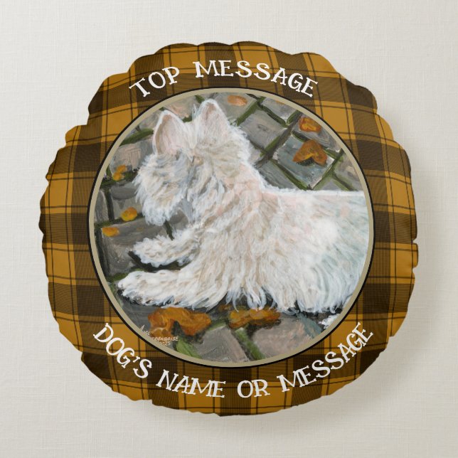 Almofada Redonda Autumn Leaves Westie no Pacio (Frente)