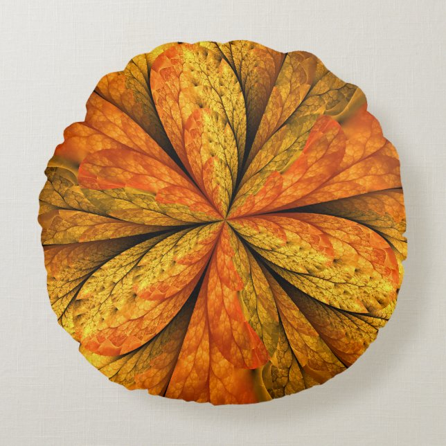 Almofada Redonda Autumn Plant, Modern Abstrato Fractal Art Leaf (Frente)