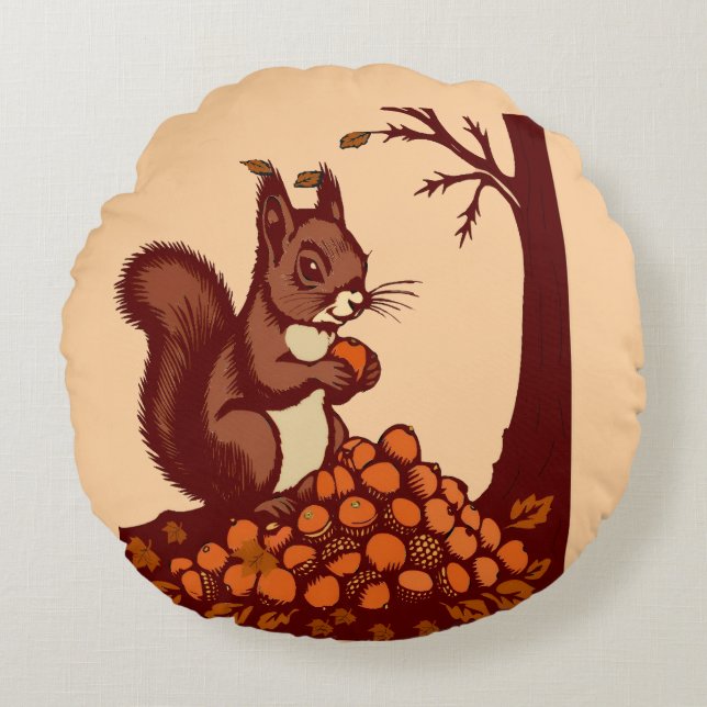 Almofada Redonda 🐿️ Autumn Squirrel Round Pillow - Peach (Frente)