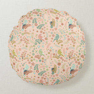 Almofada Redonda Aves e Ramais Shabby Salmão Pastel