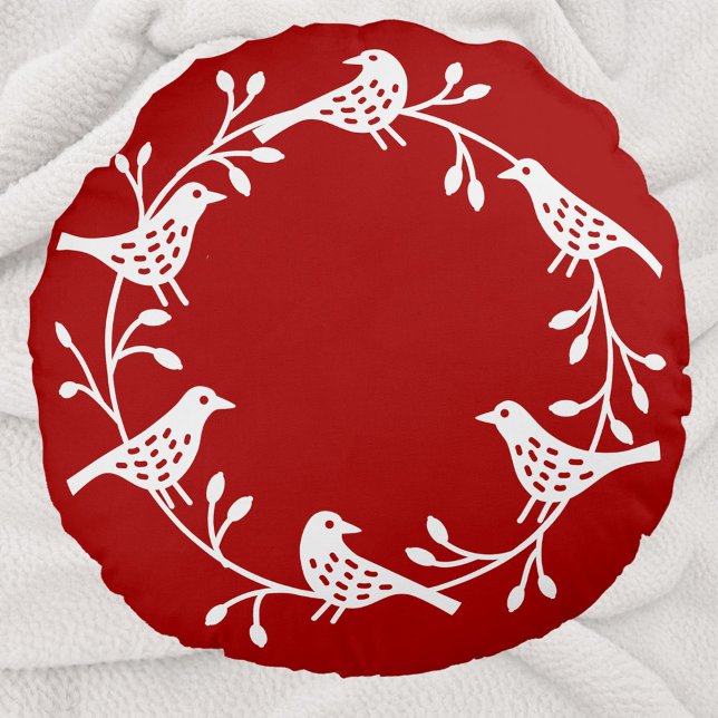 Almofada Redonda Aves escandinavas com coroa (Red and white Scandinavian bird wreath festive round pillow)