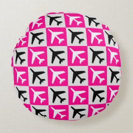 Almofada Redonda Avião com Jatos Geométricos Rosa