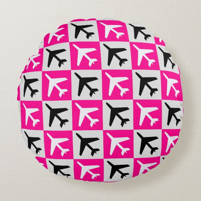 Almofada Redonda Avião com Jatos Geométricos Rosa (Frente)