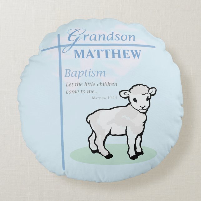 Almofada Redonda Avô Baptism Blue Boy Lamb Personalizado (Frente)