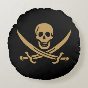 Almofada Redonda Aztec Dourado Crânio e Cutlass Pirata Calico Jack